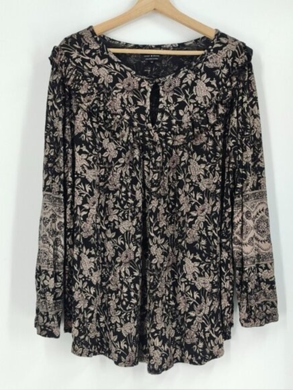 Lucky Brand Raw Edge Ruffle Floral Blouse 2XL Woodblock Boho Keyhole Top - Picture 4 of 12